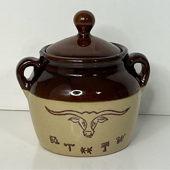 Texas Longhorn Western Stoneware Bean Pot With Lid USA Handmade Vintage - Picture 1 of 5
